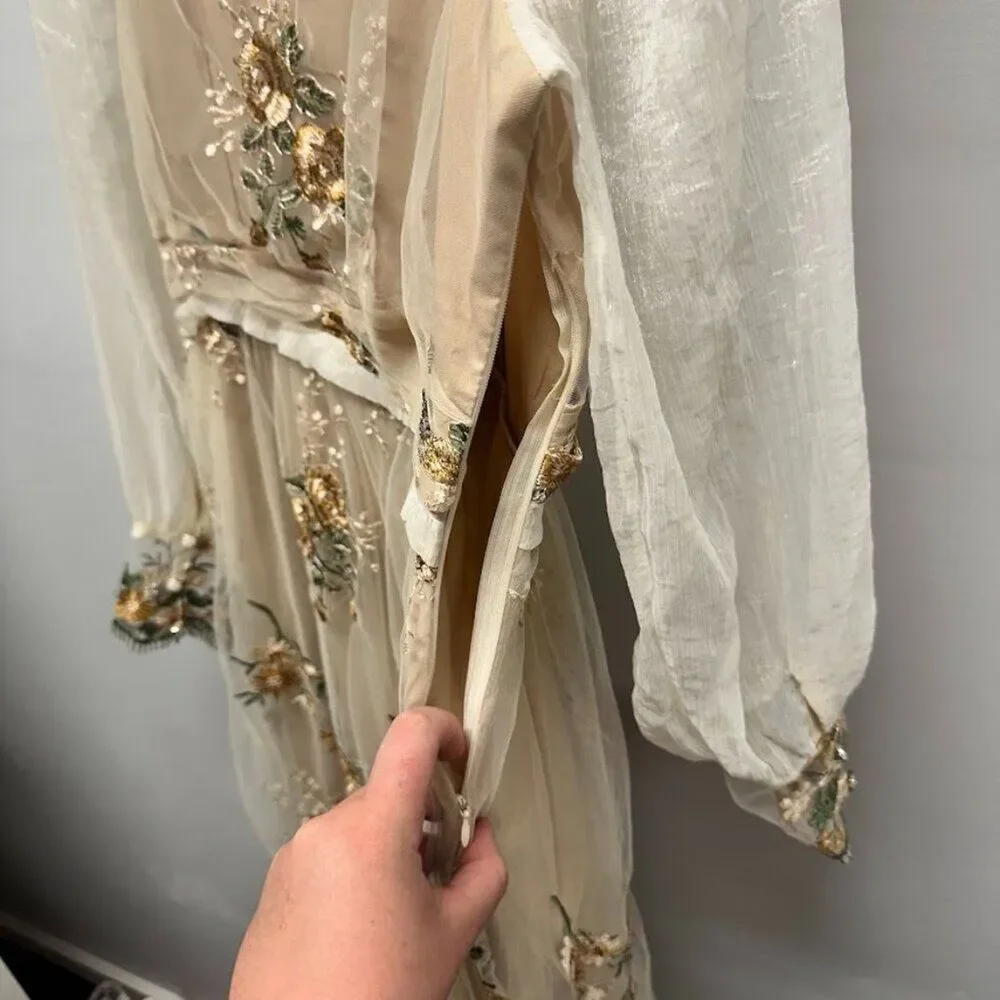 Maizishule Beige Floral Embroidered Midi Dress | Boho Sheer Long Sleeve Size L - Picture 7 of 16